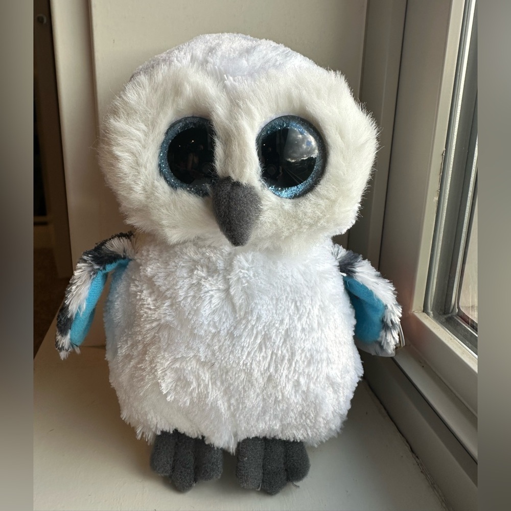 Beanie Baby Boos White‎ Owl Plush – Blue Glitter Eyes – Heart Tag Collectible